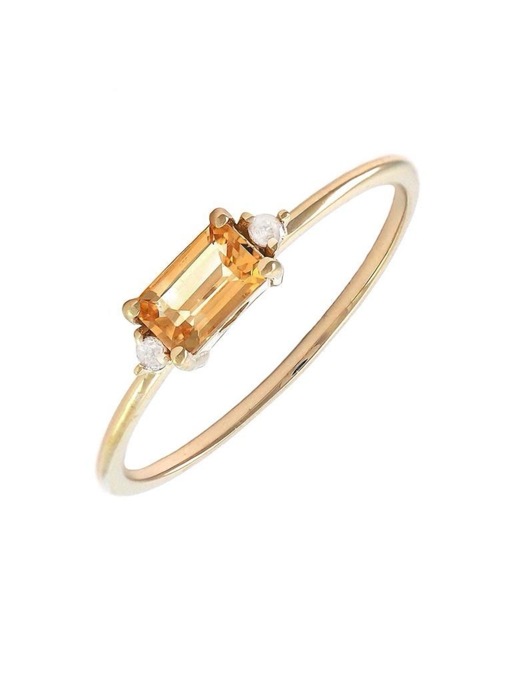 14K Real Solid Yellow Gold Emerald Cut Natural Citrine & Diamond Ring Size 6.5